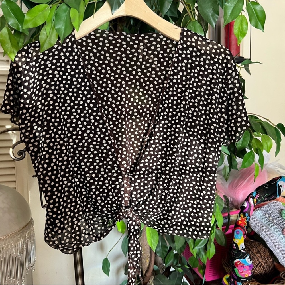 White and Brown Flutter Sleeve Crop Blouse with Tie Front